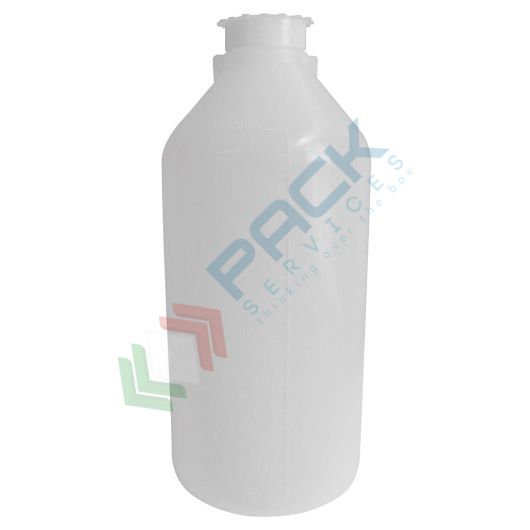 Bottiglia in plastica (PE) cilindrica a collo stretto, graduata, capacità 2000 ml, chiusura con tappo a vite e sottotappo (tappo incluso)