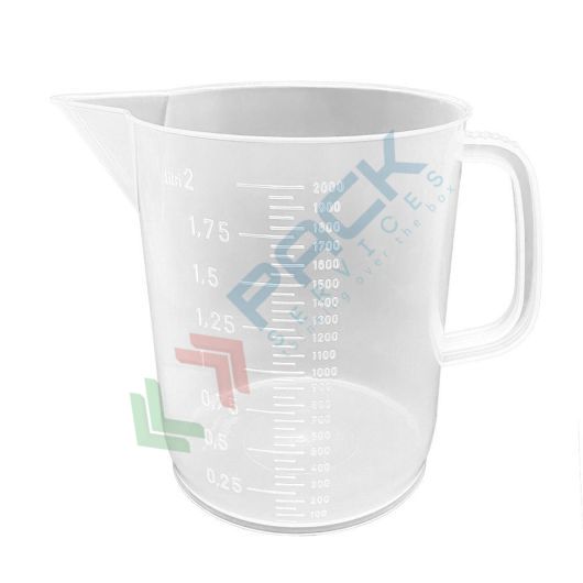 Caraffa graduata in plastica (PP), capacità 2000 ml, tonda a forma bassa, Mis. Ø 145 x 165 H mm, colore trasparente