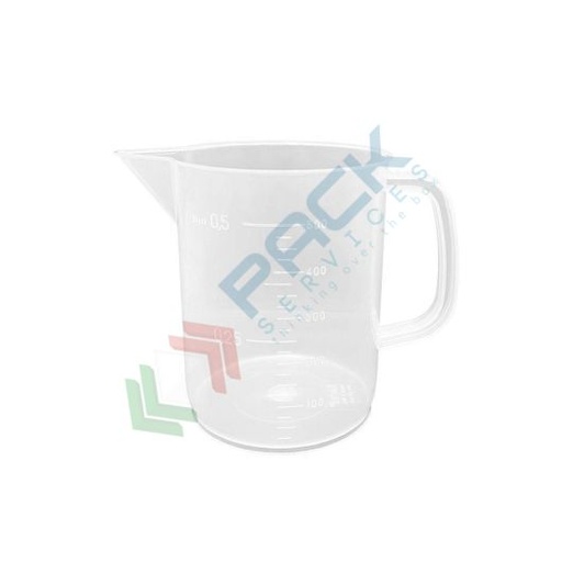 [CGNPP005] Caraffa graduata in plastica (PP), capacità 500 ml, tonda a forma bassa, Mis. Ø 90 x 116 H mm, colore trasparente