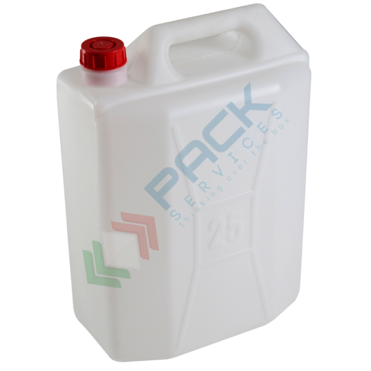 [CNS25] Tanica in plastica (HDPE), capacità 25 Lt, peso 945 grammi, Mis. 345 L x 225 P x 480 H mm, chiusura con tappo a vite (incluso), colore neutro