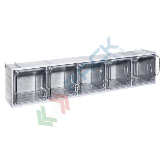Cassettiera porta minuteria in plastica (PET), con 5 cassetti, Mis. 600 L x 133 P x 132 H mm, colore grigio chiaro