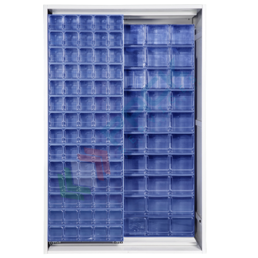 Armadio con cassettiere porta minuteria, capacità 130 cassetti, 2 pannelli fissi + 1 scorrevole, colore blu