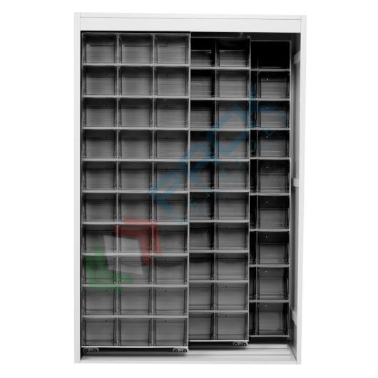 Armadio con cassettiere porta minuteria, capacità 120 cassetti, 2 pannelli fissi + 2 scorrevoli, colore grigio scuro