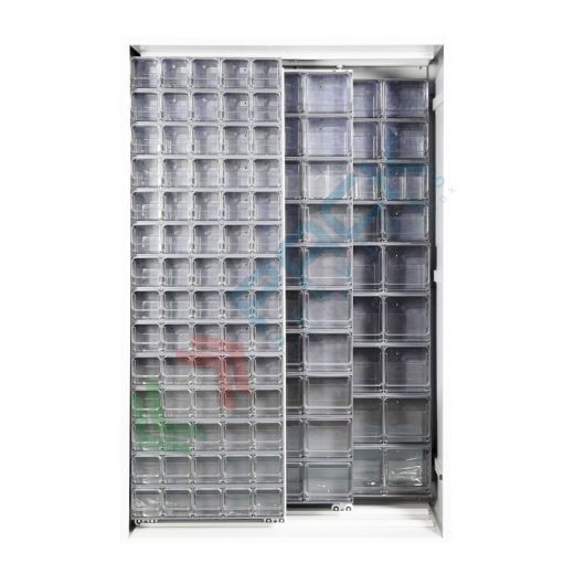 Armadio con cassettiere porta minuteria, capacità 154 cassetti, 2 pannelli fissi + 2 scorrevoli, colore grigio chiaro