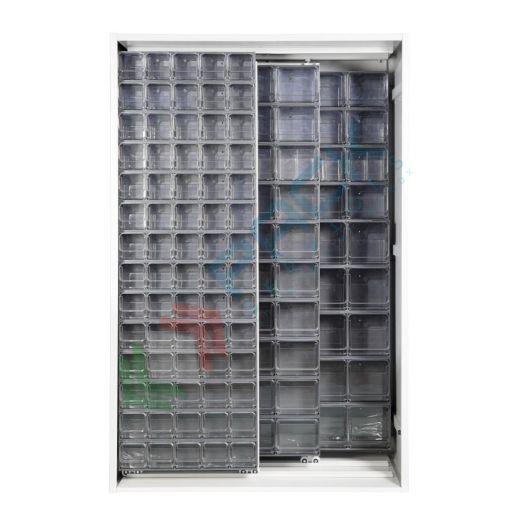 Armadio con cassettiere porta minuteria, capacità 154 cassetti, 2 pannelli fissi + 2 scorrevoli, colore grigio scuro