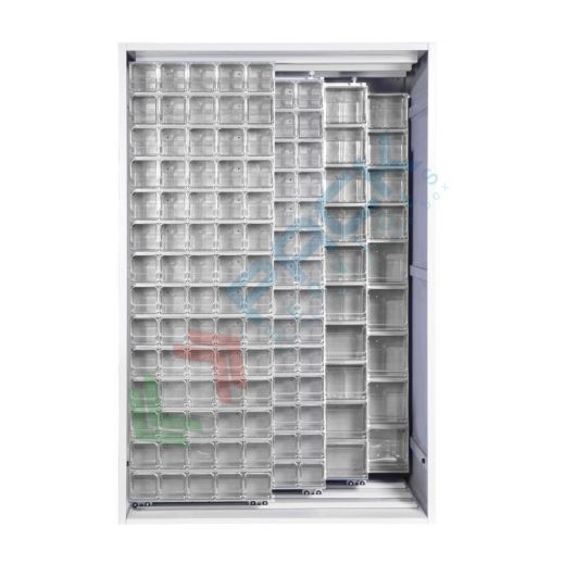 Armadio con cassettiere porta minuteria, capacità 224 cassetti, 2 pannelli fissi + 3 scorrevoli, colore grigio chiaro