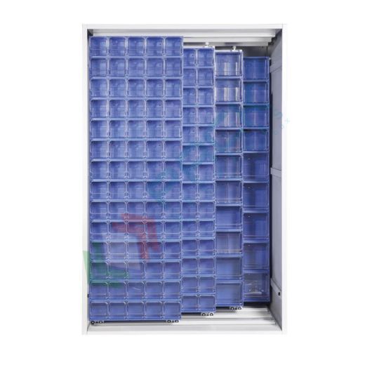 Armadio con cassettiere porta minuteria, capacità 270 cassetti, 2 pannelli fissi + 3 scorrevoli, colore blu