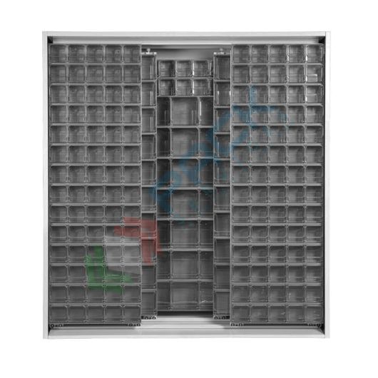 Armadio con cassettiere porta minuteria, capacità 210 cassetti, 3 pannelli fissi + 4 scorrevoli, colore grigio scuro