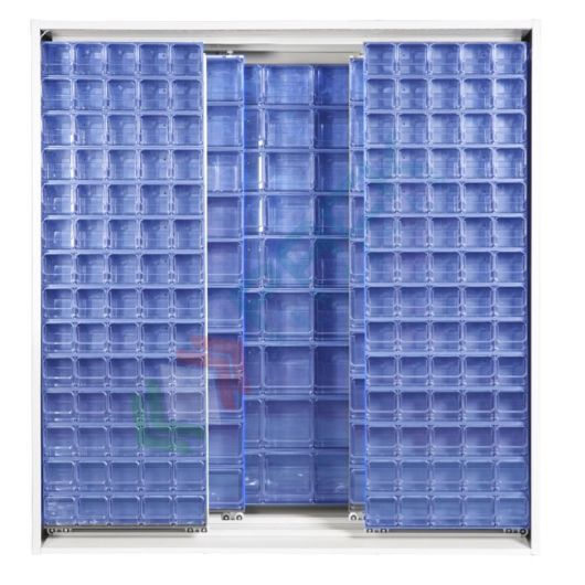 Armadio con cassettiere porta minuteria, capacità 281 cassetti, 3 pannelli fissi + 4 scorrevoli, colore blu