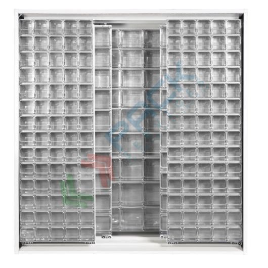 Armadio con cassettiere porta minuteria, capacità 281 cassetti, 3 pannelli fissi + 4 scorrevoli, colore grigio chiaro