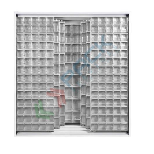 Armadio con cassettiere porta minuteria, capacità 341 cassetti, 3 pannelli fissi + 6 scorrevoli, colore grigio chiaro