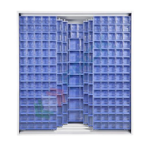 Armadio con cassettiere porta minuteria, capacità 510 cassetti, 3 pannelli fissi + 6 scorrevoli, colore blu