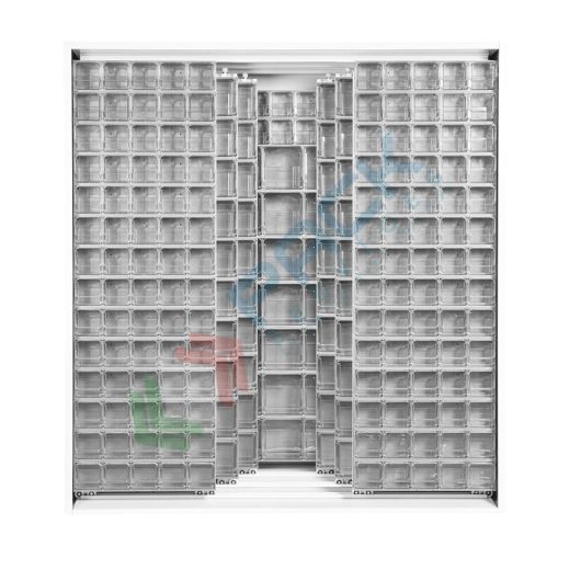 Armadio con cassettiere porta minuteria, capacità 510 cassetti, 3 pannelli fissi + 6 scorrevoli, colore grigio chiaro