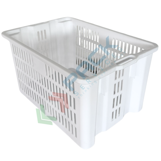 [CRSIBC-65W] Cassetta in plastica (HDPE) sovrapponibile ed inseribile, capacità 65 Lt, Mis. 630 L x 440 P x 340 H mm, base chiusa e pareti forate, colore bianco
