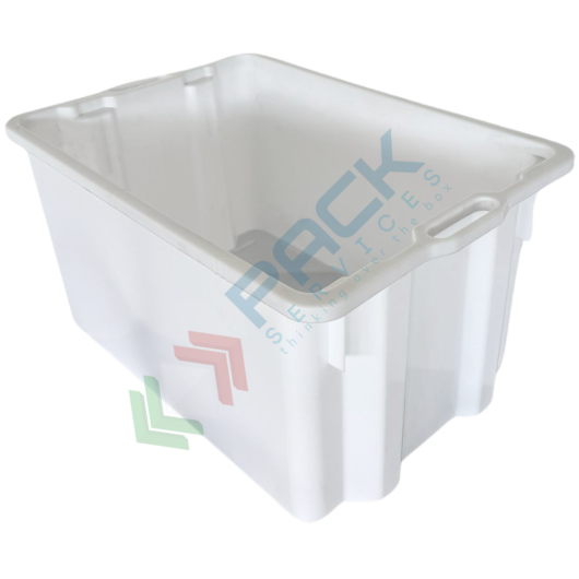Cassetta in plastica (HDPE) sovrapponibile ed inseribile, capacità 90 Lt, Mis. 750 L x 460 P x 360 H mm, base chiusa e pareti chiuse, colore bianco