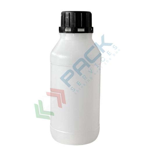 Bottiglia in plastica (HDPE) cilindrica a collo largo, capacità 500 ml, chiusura con tappo a vite con apertura del sigillo a strappo (tappo incluso), colore neutro