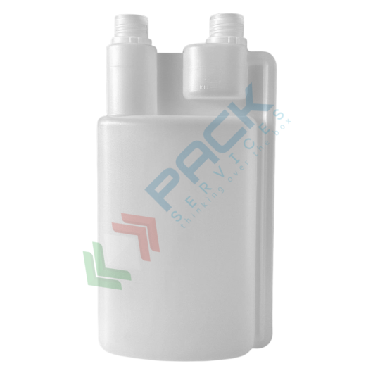 Flacone in plastica (HDPE) rettangolare a collo stretto con dosatore a due tappi, capacità 1000 ml, chiusura con tappo a vite con apertura del sigillo a strappo (tappi esclusi), colore neutro