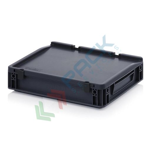 [ESDED43/07HG] Cassetta in plastica (PP) conduttiva e antistatica, capacità 6,9 Lt, Mis. 400 L x 300 P x 90 H mm, coperchio integrato