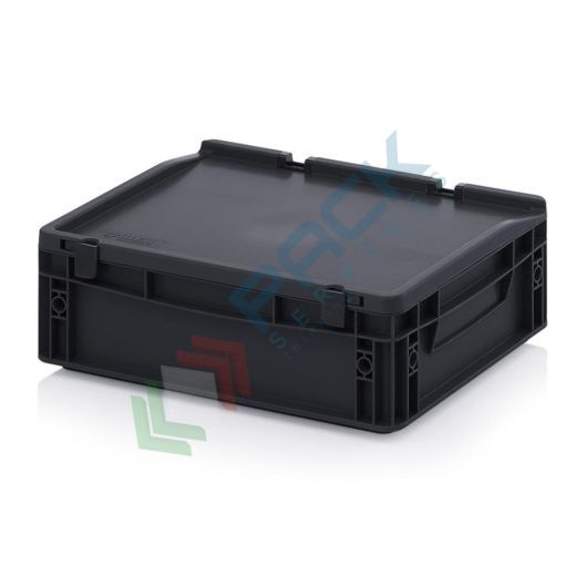 Cassetta in plastica (PP) conduttiva e antistatica, capacità 10 Lt, Mis. 400 L x 300 P x 135 H mm, coperchio integrato