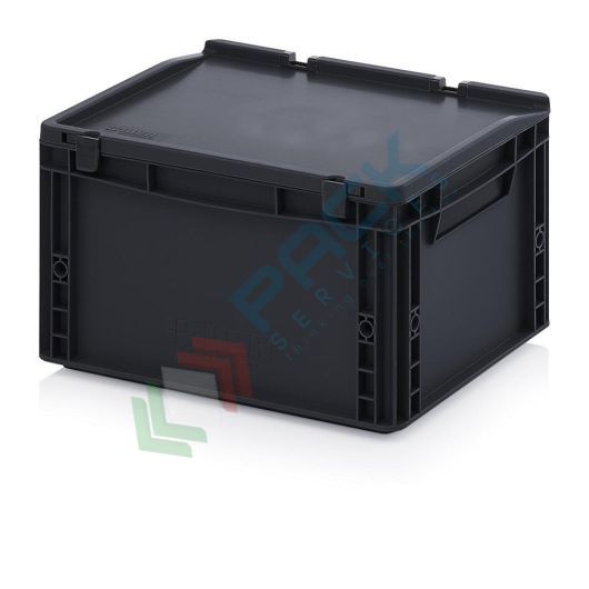 Cassetta in plastica (PP) conduttiva e antistatica, capacità 20 Lt, Mis. 400 L x 300 P x 235 H mm, coperchio integrato