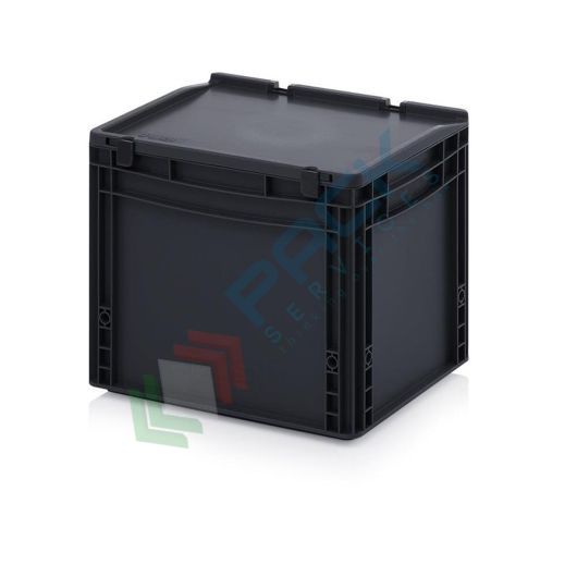 Cassetta in plastica (PP) conduttiva e antistatica, capacità 30 Lt, Mis. 400 L x 300 P x 335 H mm, coperchio integrato