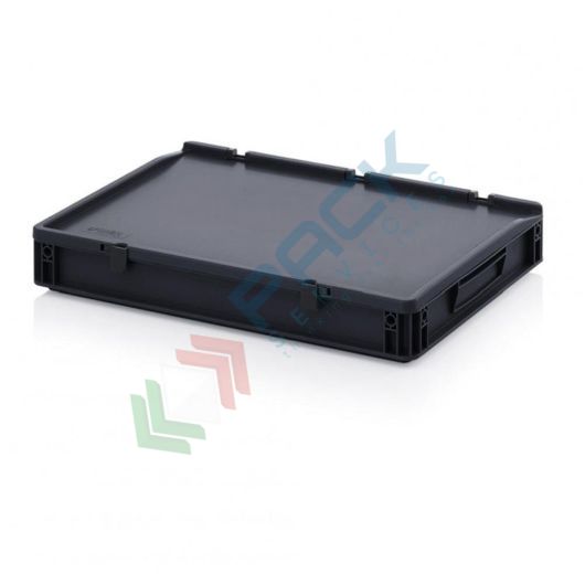 Cassetta in plastica (PP) conduttiva e antistatica, capacità 15 Lt, Mis. 600 L x 400 P x 90 H mm, coperchio integrato