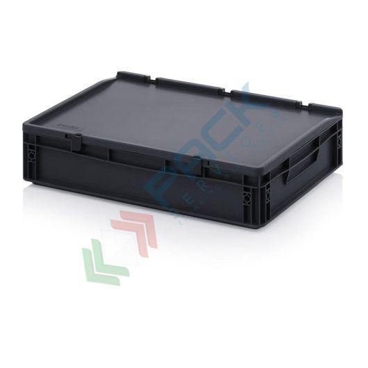 Cassetta in plastica (PP) conduttiva e antistatica, capacità 24 Lt, Mis. 600 L x 400 P x 135 H mm, coperchio integrato