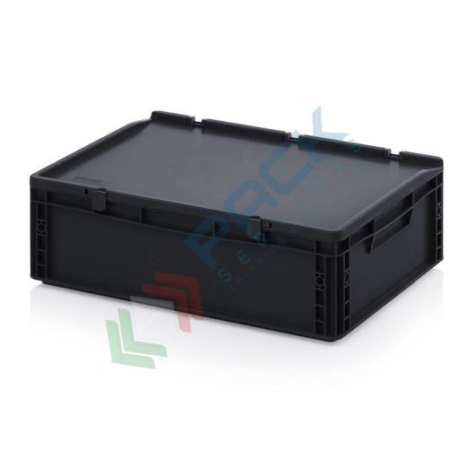 Cassetta in plastica (PP) conduttiva e antistatica, capacità 35 Lt, Mis. 600 L x 400 P x 185 H mm, coperchio integrato