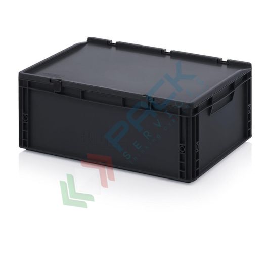 Cassetta in plastica (PP) conduttiva e antistatica, capacità 45 Lt, Mis. 600 L x 400 P x 235 H mm, coperchio integrato