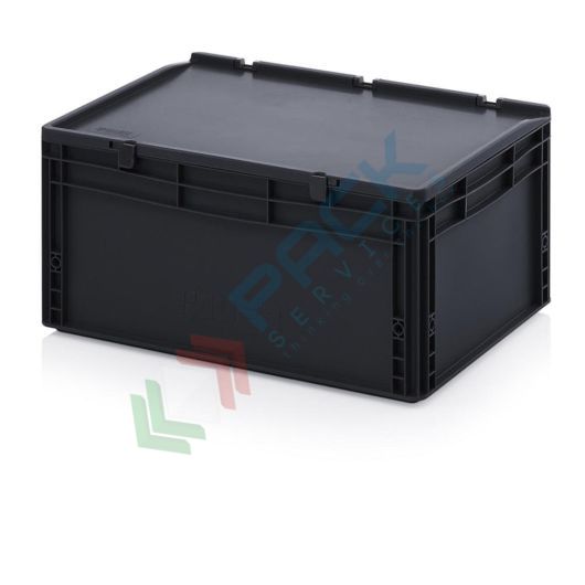 Cassetta in plastica (PP) conduttiva e antistatica, capacità 56 Lt, Mis. 600 L x 400 P x 285 H mm, coperchio integrato