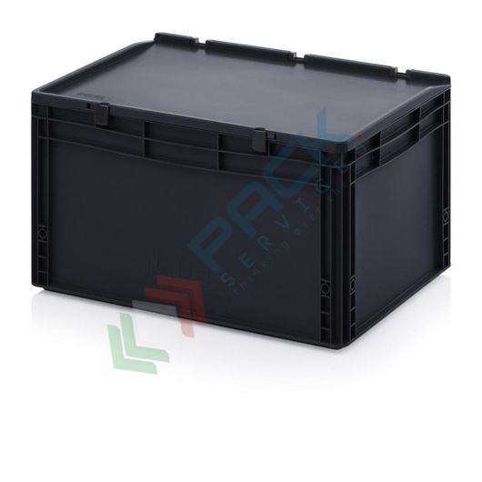 Cassetta in plastica (PP) conduttiva e antistatica, capacità 66 Lt, Mis. 600 L x 400 P x 335 H mm, coperchio integrato