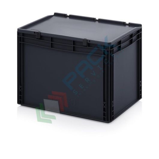 Cassetta in plastica (PP) conduttiva e antistatica, capacità 88 Lt, Mis. 600 L x 400 P x 435 H mm, coperchio integrato