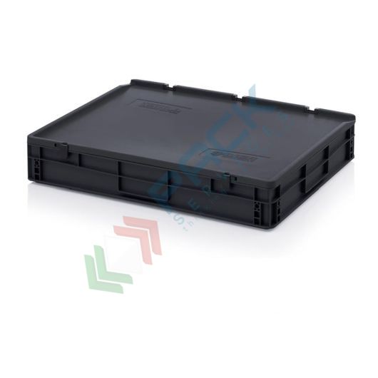 Cassetta in plastica (PP) conduttiva e antistatica, capacità 45 Lt, Mis. 800 L x 600 P x 140 H mm, coperchio integrato