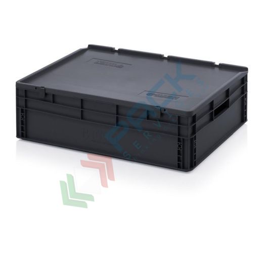 Cassetta in plastica (PP) conduttiva e antistatica, capacità 87 Lt, Mis. 800 L x 600 P x 240 H mm, coperchio integrato