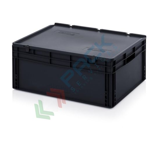 Cassetta in plastica (PP) conduttiva e antistatica, capacità 130 Lt, Mis. 800 L x 600 P x 335 H mm, coperchio integrato
