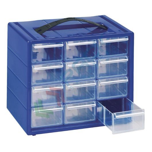 Cassettiera portaminuteria in plastica, 12 cassetti estraibili, mis. 220 L x 150 P x 180 H mm, colore blu