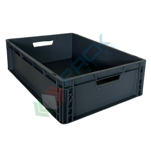 Cassetta in plastica (PP) sovrapponibile, 30 Lt, mis. 600 L x 400 P x 170 H mm, base e pareti chiuse, maniglie aperte