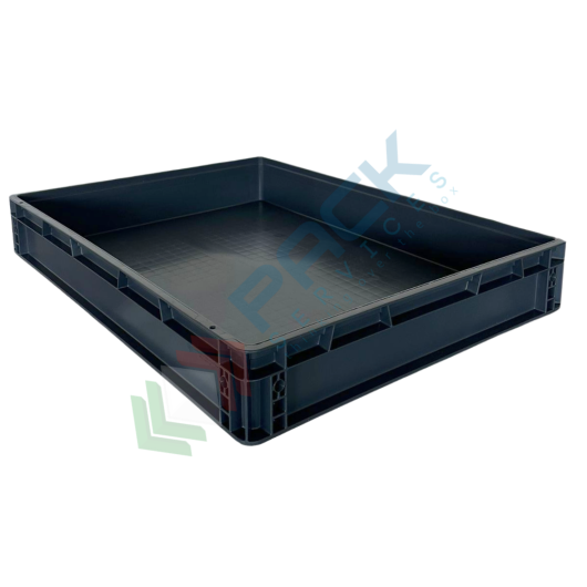 [MC86/12-IND] Cassetta in plastica (PP) sovrapponibile, 45 Lt, mis. 800 L x 600 P x 120 H mm, base e pareti chiuse, maniglie chiuse