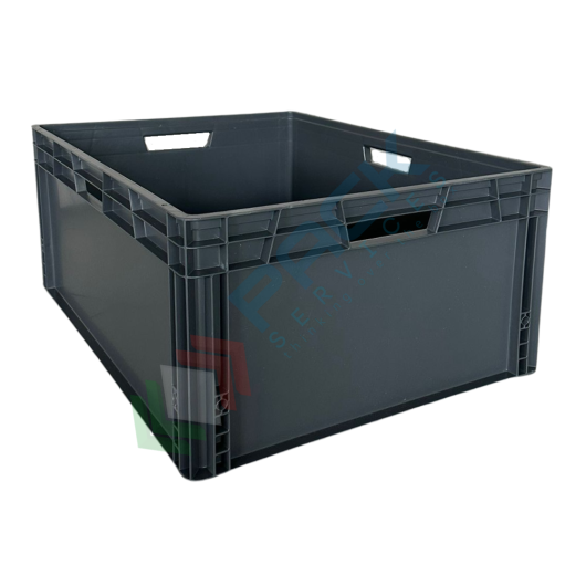 Cassetta in plastica (PP) sovrapponibile, 145 Lt, mis. 800 L x 600 P x 340 H mm, base e pareti chiuse, maniglie passanti
