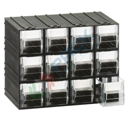 Cassettiera in plastica componibile con 12 cassetti, mis. 225 L x 133 P x 169 H mm, colore trasparente