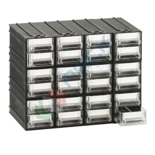 Cassettiera in plastica componibile con 24 cassetti, mis. 225 L x 133 P x 169 H mm, colore trasparente