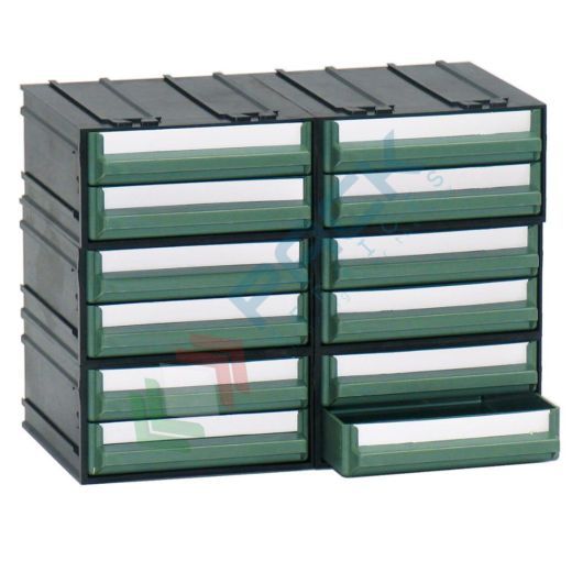Cassettiera in plastica componibile con 12 cassetti, mis. 225 L x 133 P x 169 H mm, colore verde