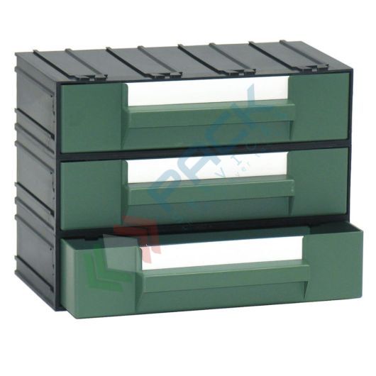 Cassettiera in plastica componibile con 3 cassetti, mis. 225 L x 133 P x 169 H mm, colore verde