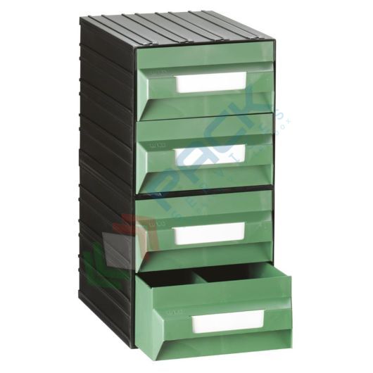 Cassettiera in plastica componibile con 4 cassetti con separatore longitudinale fisso e 4 separatori estraibili, mis. 225 L x 323 P x 450 H mm, colore verde