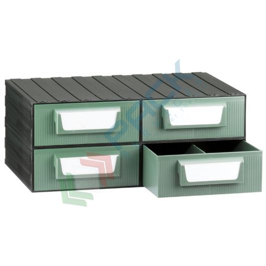 Cassettiera in plastica componibile con 4 cassetti con separatore longitudinale fisso, mis. 562 L x 390 P x 228 H mm, colore verde