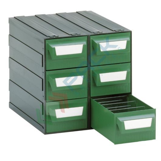 Cassettiera in plastica componibile con 6 cassetti e 12 separatori, mis. 225 L x 263 P x 228 H mm, colore verde