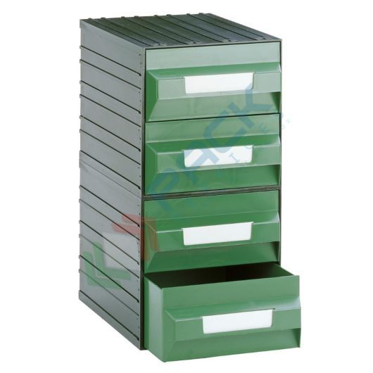 Cassettiera in plastica componibile con 4 cassetti, mis. 225 L x 323 P x 450 H mm, colore verde
