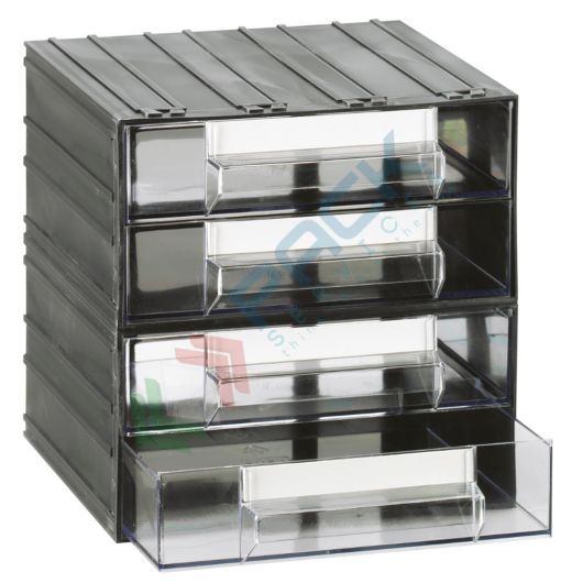 Cassettiera in plastica componibile con 4 cassetti, mis. 225 L x 225 P x 225 H mm, colore trasparente