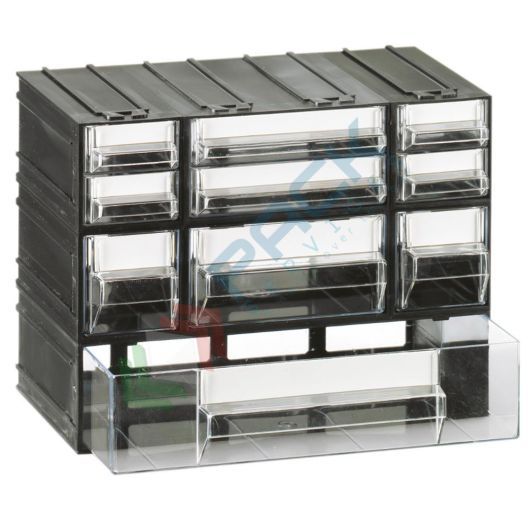 Cassettiera in plastica componibile con 10 cassetti, mis. 225 L x 133 P x 169 H mm, colore trasparente