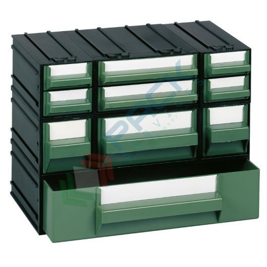 Cassettiera in plastica componibile con 10 cassetti, mis. 225 L x 133 P x 169 H mm, colore verde